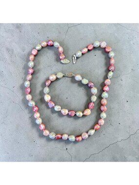 Vintage IPS Cultured Pearl Necklace & Bracelet 925 Set Multicolor Baroque Pearls
